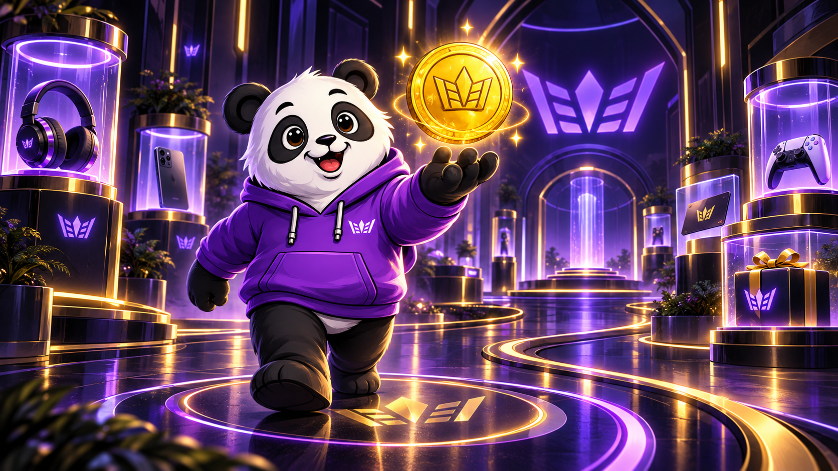Prize Panda holding a Crown beside LootLadder prize boxes